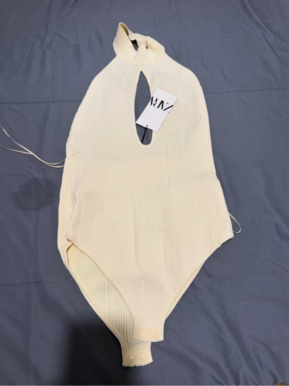 Zara Cream Ribbed Halter-Style One-Piece Bodysuit